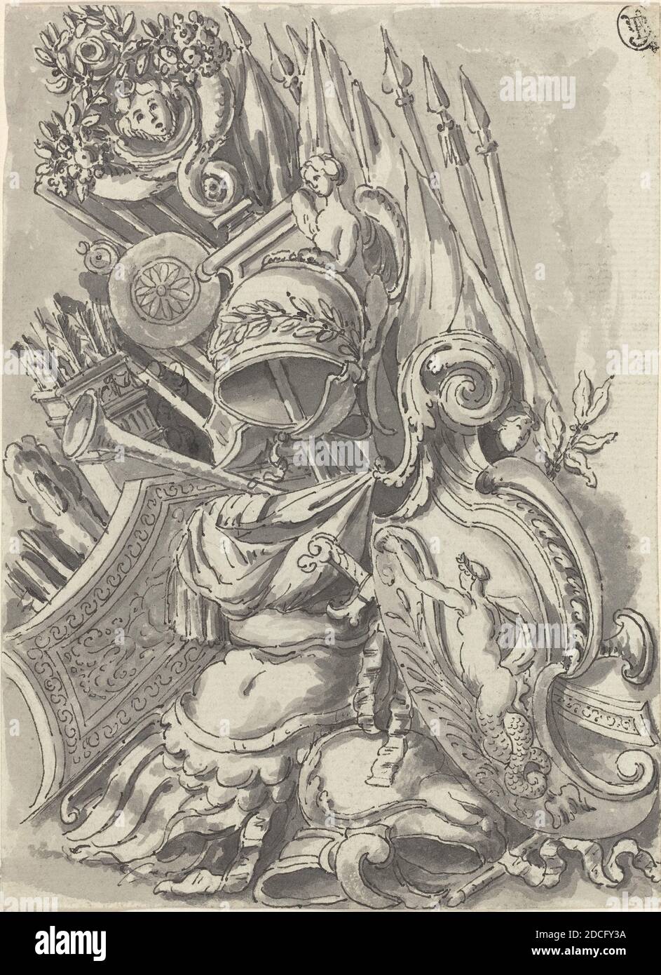 Jean Lepautre, (artist), French, 1618 - 1682, A Trophy of Arms, pen and black ink with gray wash on laid paper, overall: 16 x 11.8 cm (6 5/16 x 4 5/8 in Stock Photo