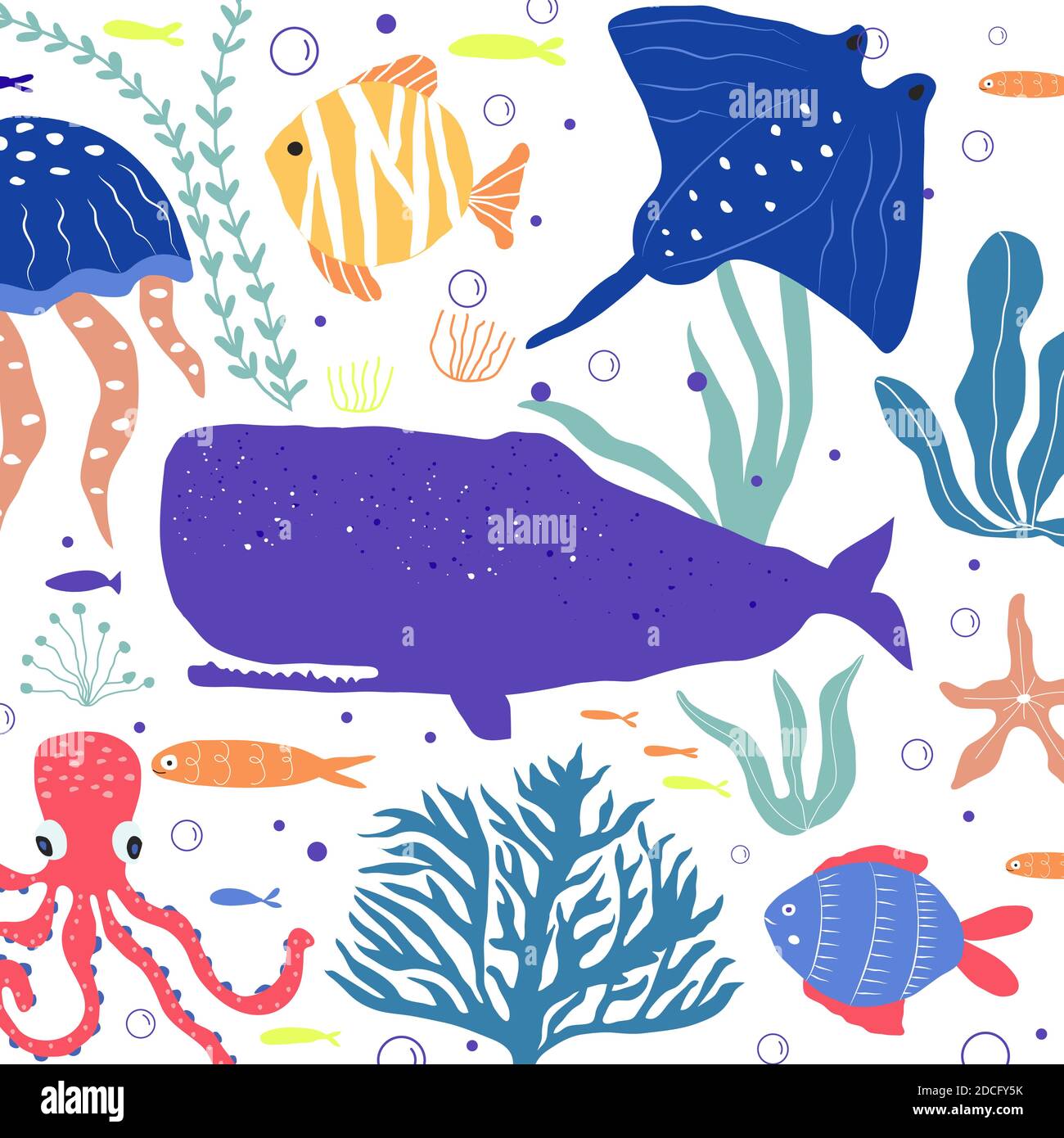 Underwater creatures fish, jellyfish, octopus, clownfish, seaplants and  corals, set with marine animals for fabric, textile, wallpaper, nursery  decor Stock Vector Image & Art - Alamy