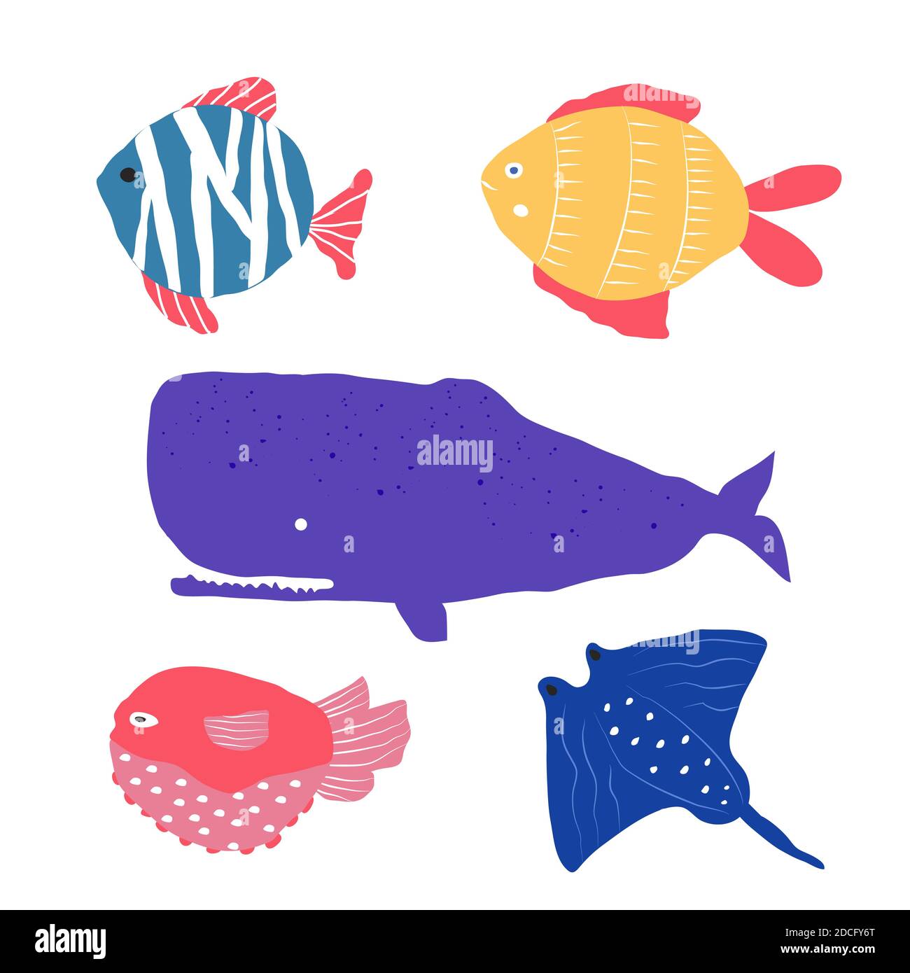 Underwater creatures different type of fish, jellyfish, clownfish, set with marine animals for fabric, textile, wallpaper, nursery decor, prints Stock Vector