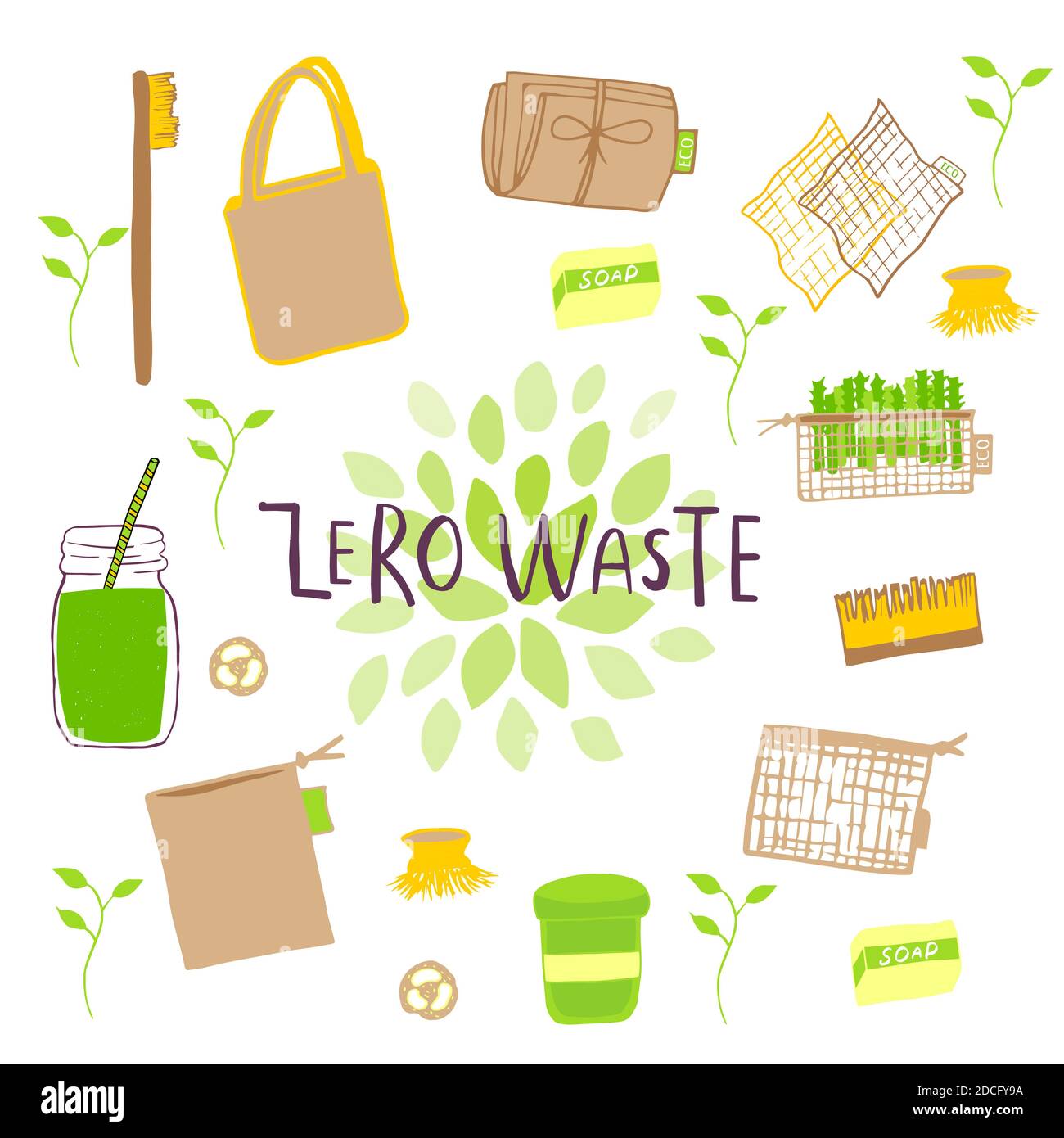 Hand drawn Zero waste concept set. No plastic elements of eco life: reusable paper, bamboo, wooden, fabric cotton bags, glass, jars, cutlery. Vector Stock Vector