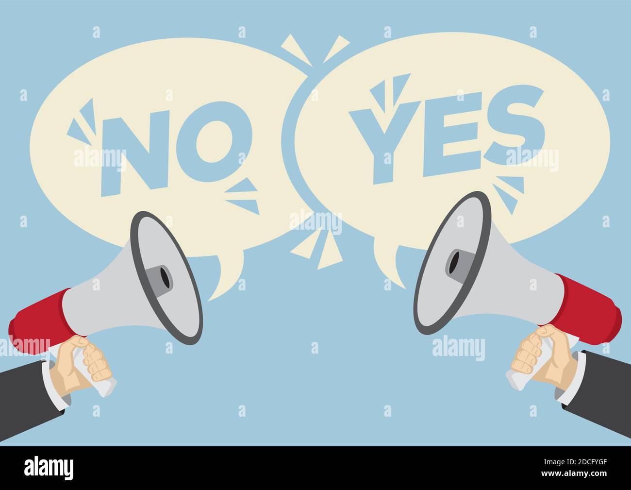 Different opinions of yes and no. Business concept of disagreement, negotiation or miscommunication. Vector illustration. Stock Vector