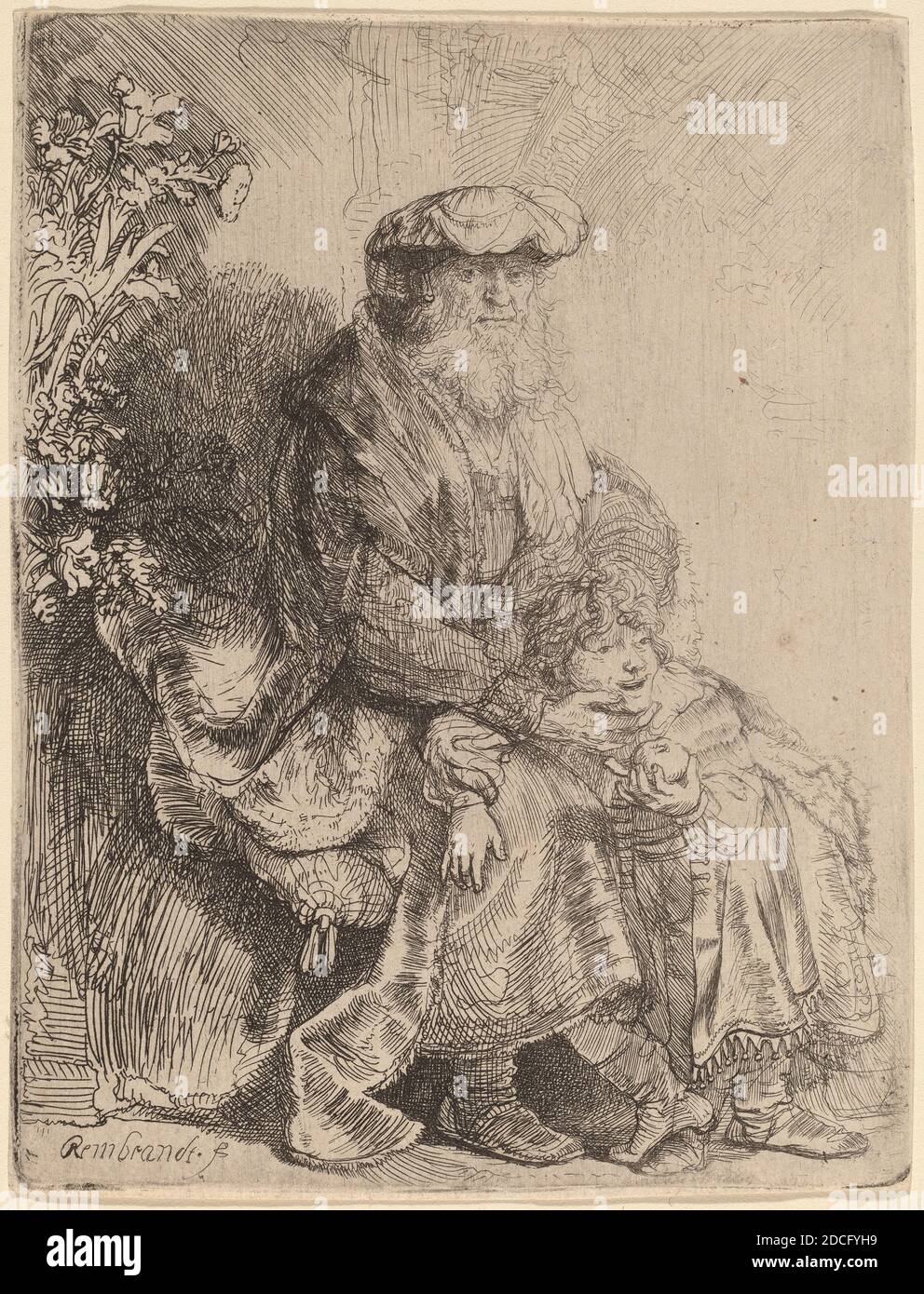 Rembrandt van Rijn, (artist), Dutch, 1606 - 1669, Abraham Caressing Isaac, c. 1637, etching, sheet (trimmed to plate mark): 11.8 x 9 cm (4 5/8 x 3 9/16 in Stock Photo