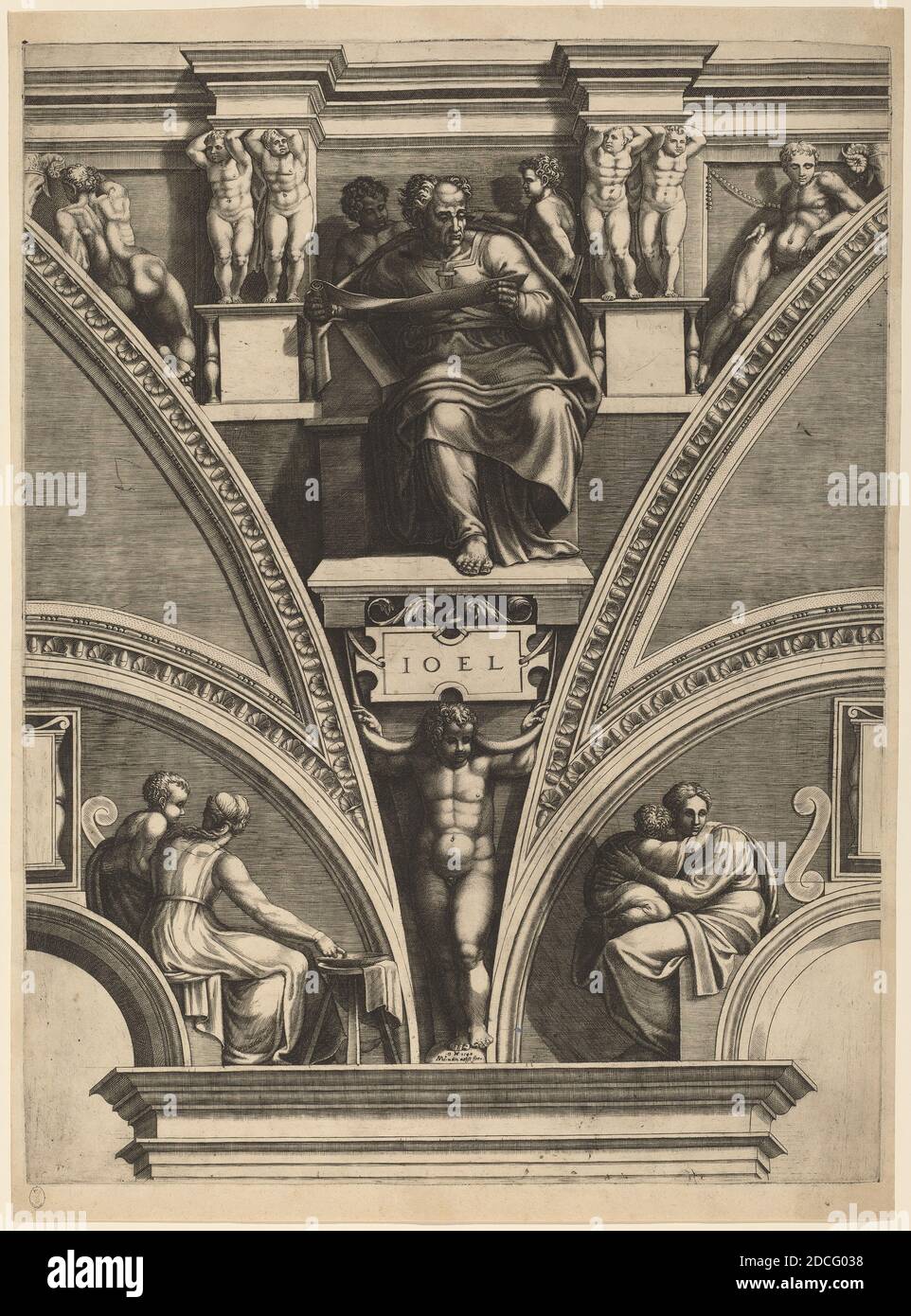 Giorgio Ghisi, (artist), Italian, 1520 - 1582, Michelangelo, (artist after), Florentine, 1475 - 1564, The Prophet Joel, Prophets and Sibyls, (series), early 1570s, engraving on laid paper, plate: 56 x 41.6 cm (22 1/16 x 16 3/8 in.), overall: 59.2 x 43.4 cm (23 5/16 x 17 1/16 in Stock Photo