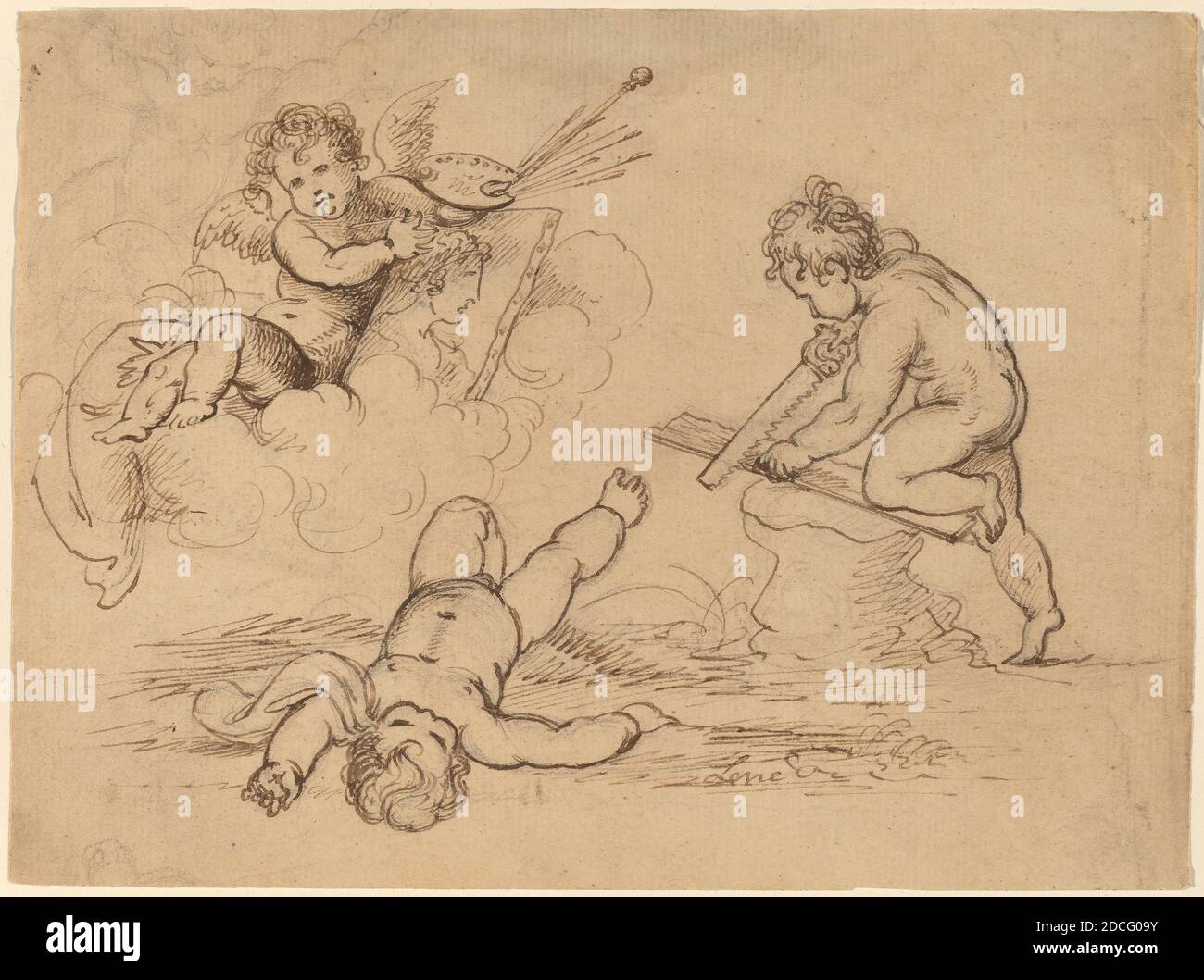 Mather Brown, (artist), American, 1761 - 1831, Allegory: Four Putti, 1780/1790, pen and brown ink over graphite on laid paper, sheet: 13.8 × 18.5 cm (5 7/16 × 7 5/16 in Stock Photo