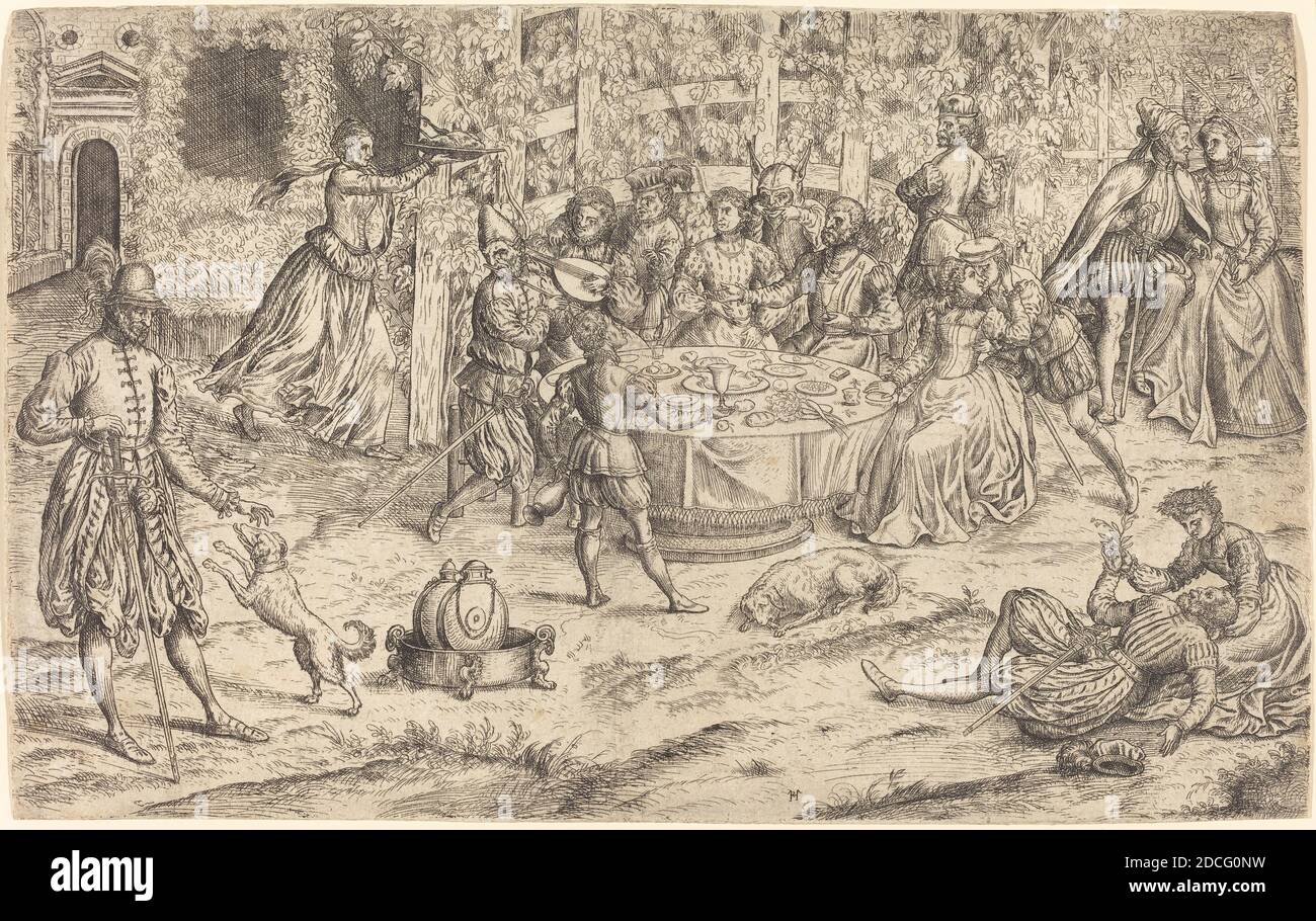Master HS, (artist), French, active 1566, Banquet in the Park of a French Castle, c. 1550, etching Stock Photo