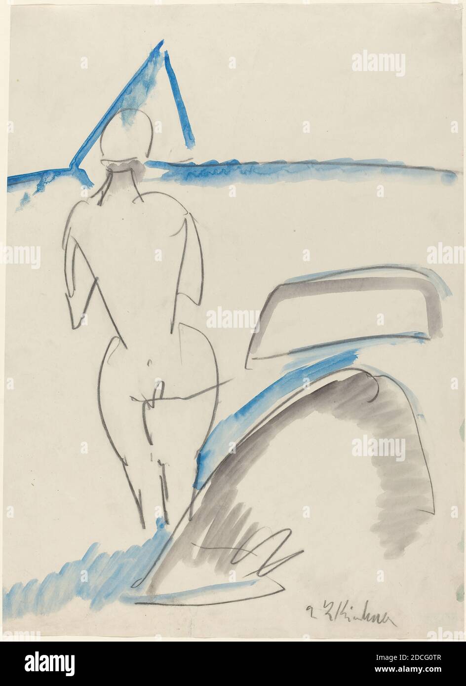 Ernst Ludwig Kirchner, (artist), German, 1880 - 1938, Bather on the Beach, 1912/1913, black crayon with blue and gray wash, overall: 43.4 x 31.8 cm (17 1/16 x 12 1/2 in Stock Photo