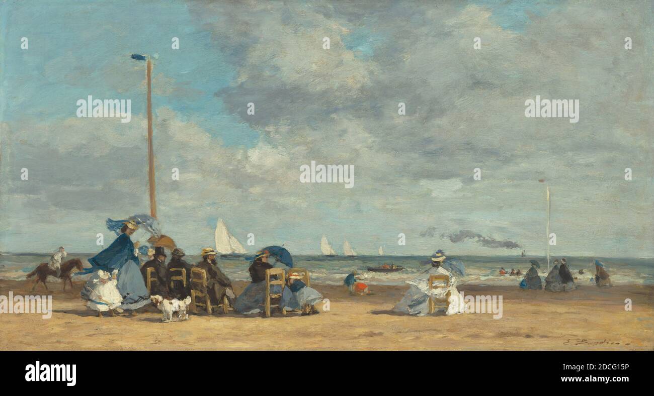 Eugène Boudin, (artist), French, 1824 - 1898, Beach at Trouville, 1864/1865, oil on wood, overall (including surrounding strips of wood, approx. .005): 27 x 49.1 cm (10 5/8 x 19 5/16 in.), framed: 41.3 x 63.3 x 9.5 cm (16 1/4 x 24 15/16 x 3 3/4 in Stock Photo