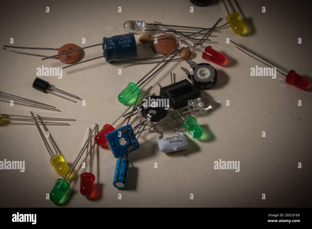 electronic components scattered on clear background Stock Photo