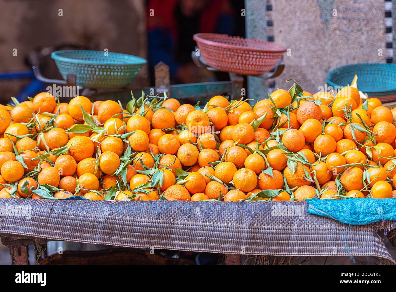 Traditional Moroccan tangerines at a street market in Morocco Stock Photo