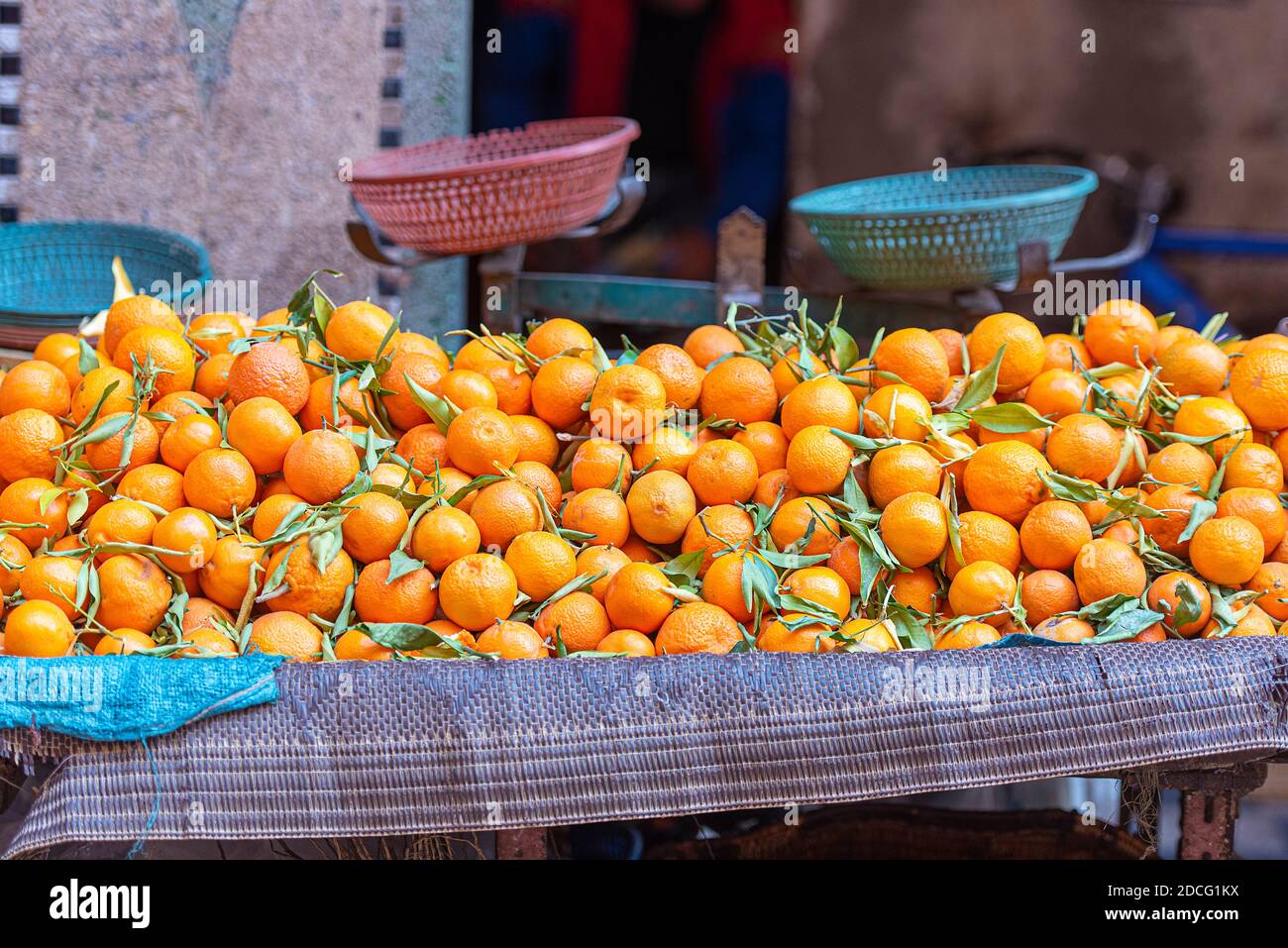 Traditional Moroccan tangerines at a street market in Morocco Stock Photo