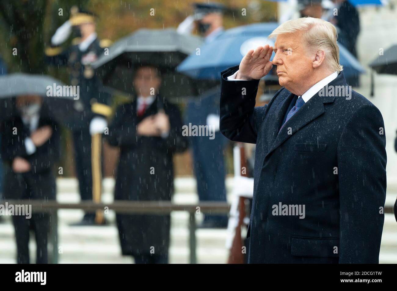 ARLINGTON, VA, USA - 11 November 2020 - President Donald J. Trump and Vice President Mike Pence, joined by Veterans Affairs Secretary Robert Wilkie an Stock Photo