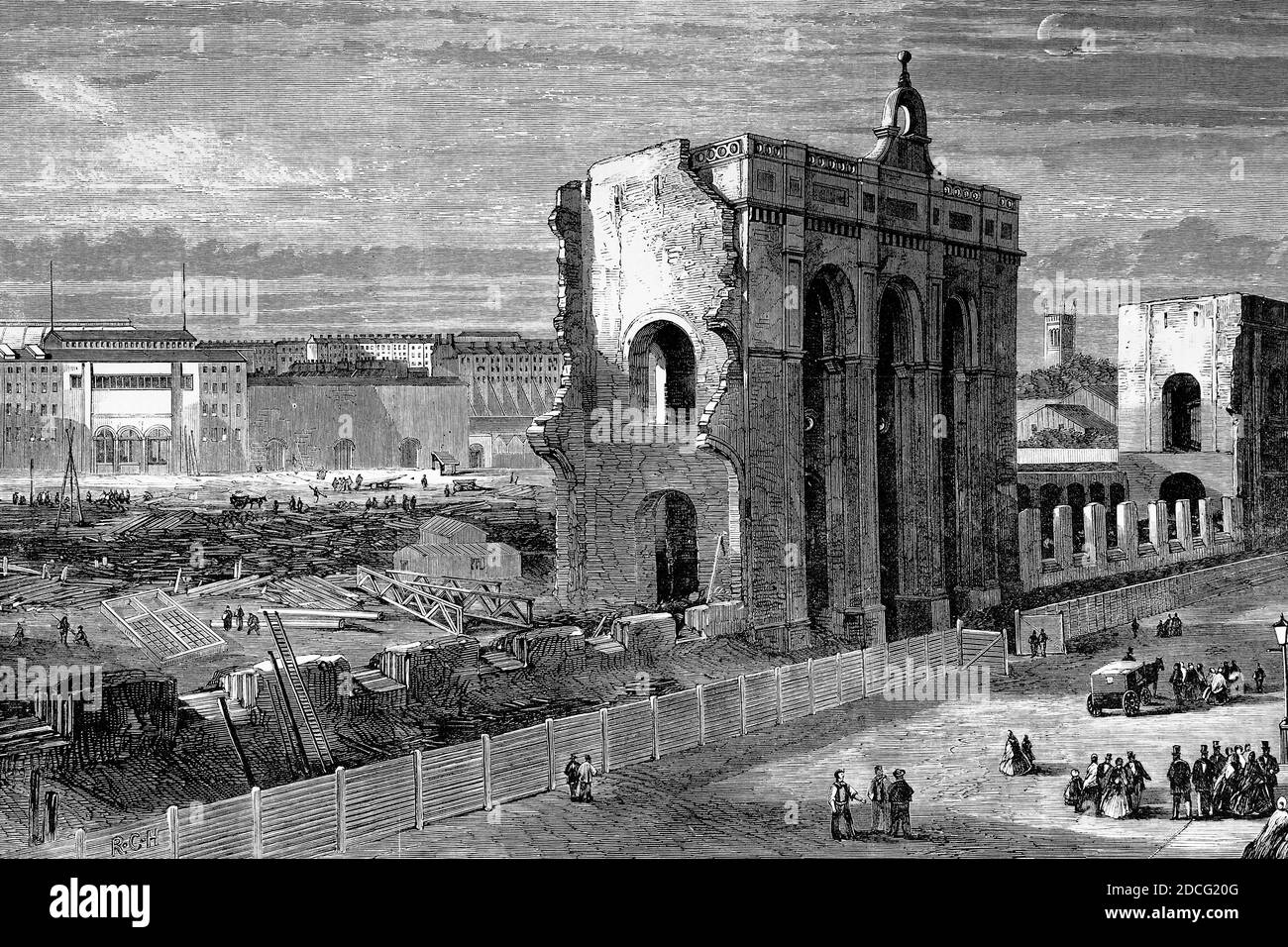 Ruins of the Great Exhibition building of 1862. London, England. Antique illustration. 1867. Stock Photo
