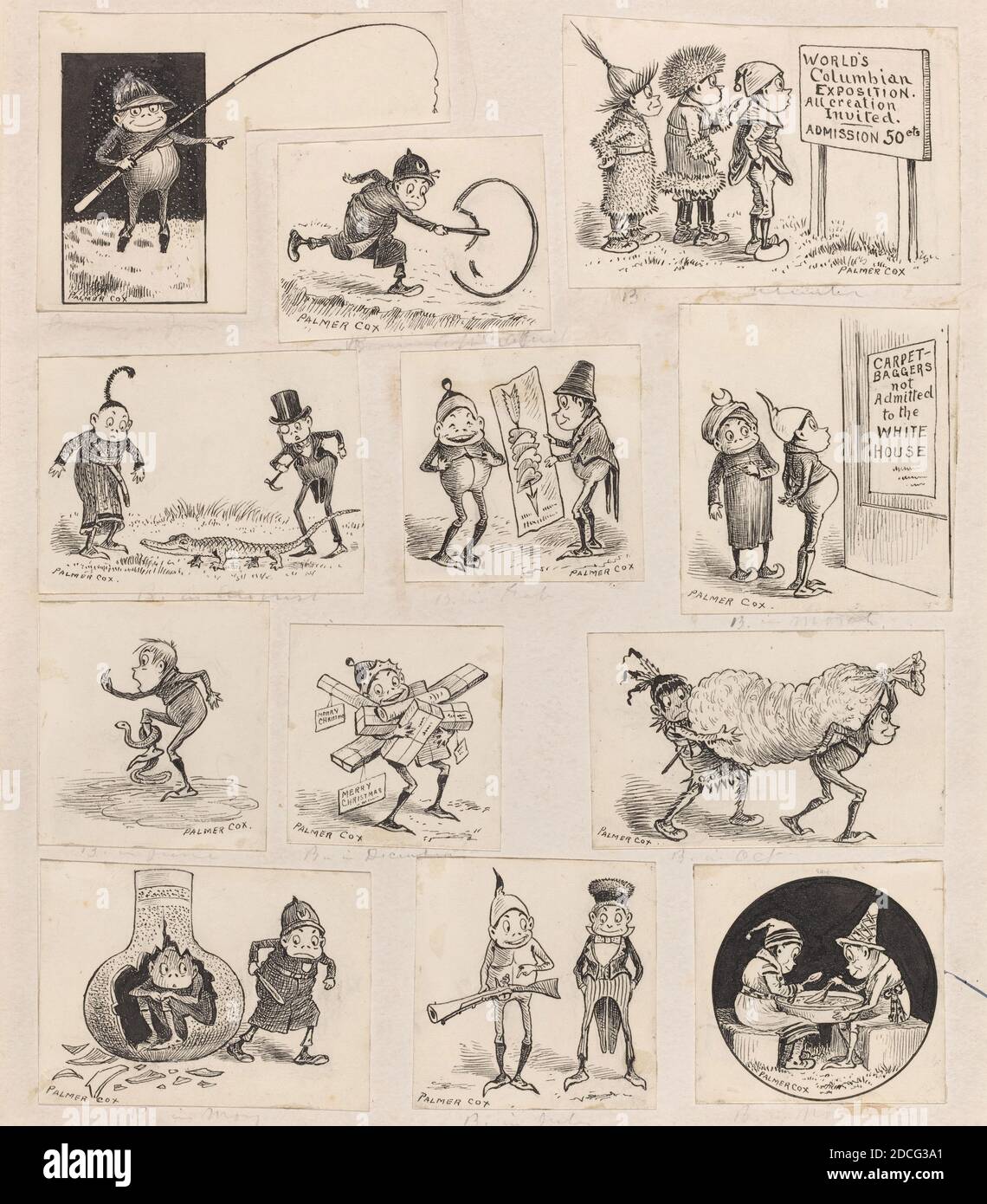 Palmer Cox, (artist), Canadian, 1840 - 1924, Brownies at Home - Twelve Vignettes, c. 1893, pen and black ink on twelve pieces of wove paper, support: 33.2 x 28 cm (13 1/16 x 11 in Stock Photo