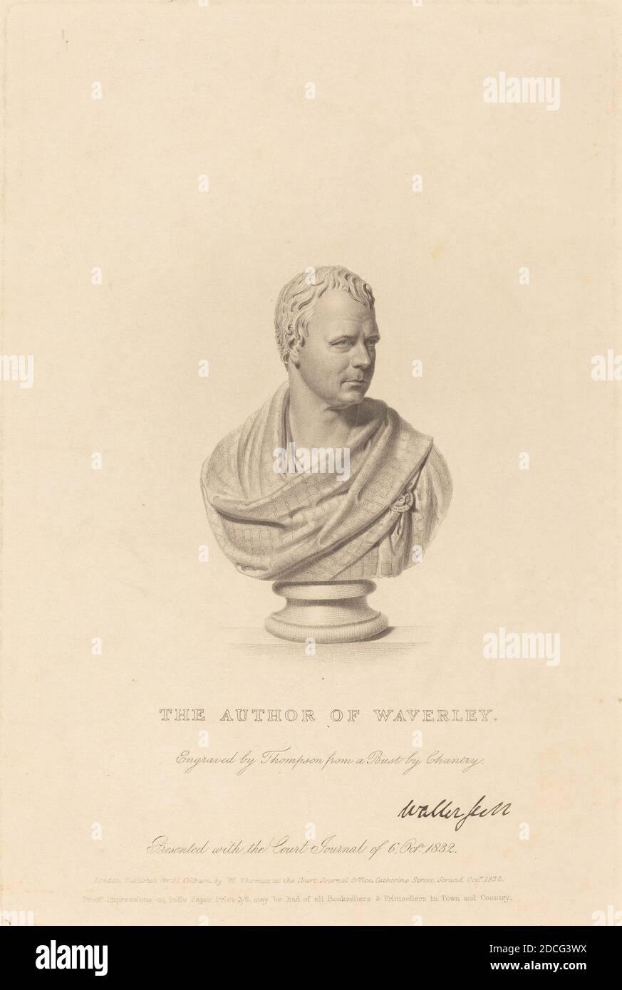 James Thomson, (artist), British, 1789 - 1850, Sir Francis Legatt Chantrey, (artist after), British, 1781 - 1841/1842, Bust of Sir Walter Scott, published 1832, stipple engraving Stock Photo
