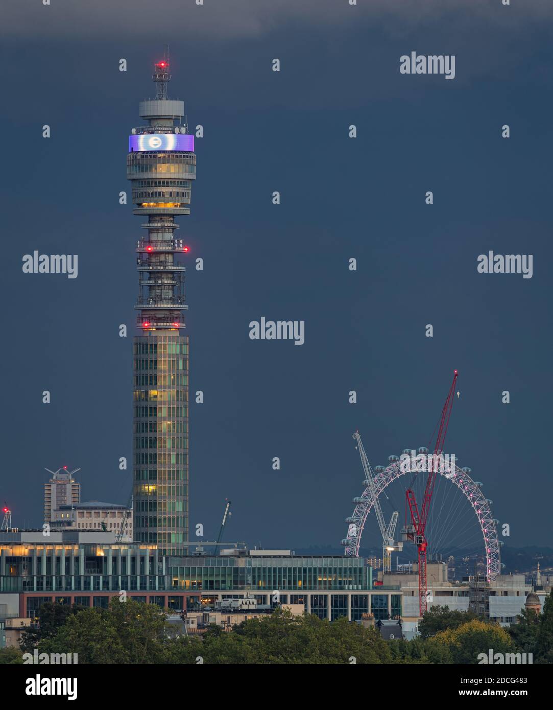 London Skyline just after sunset with the BT tower and the London Eye in the background Stock Photo