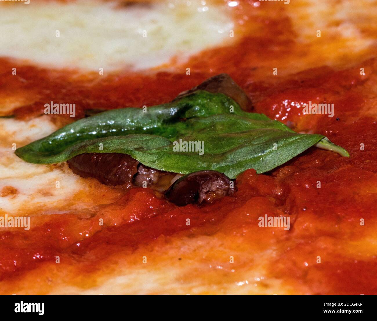 close-up of pizza with tomato, mozzarella and a basil leaf Stock Photo