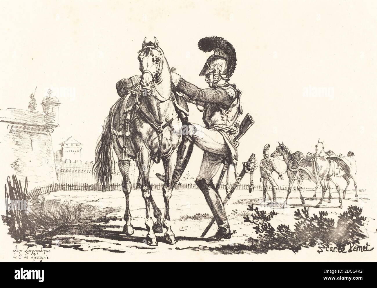 Carle Vernet, (artist), French, 1758 - 1836, Carabinier Mounting a Horse, lithograph Stock Photo