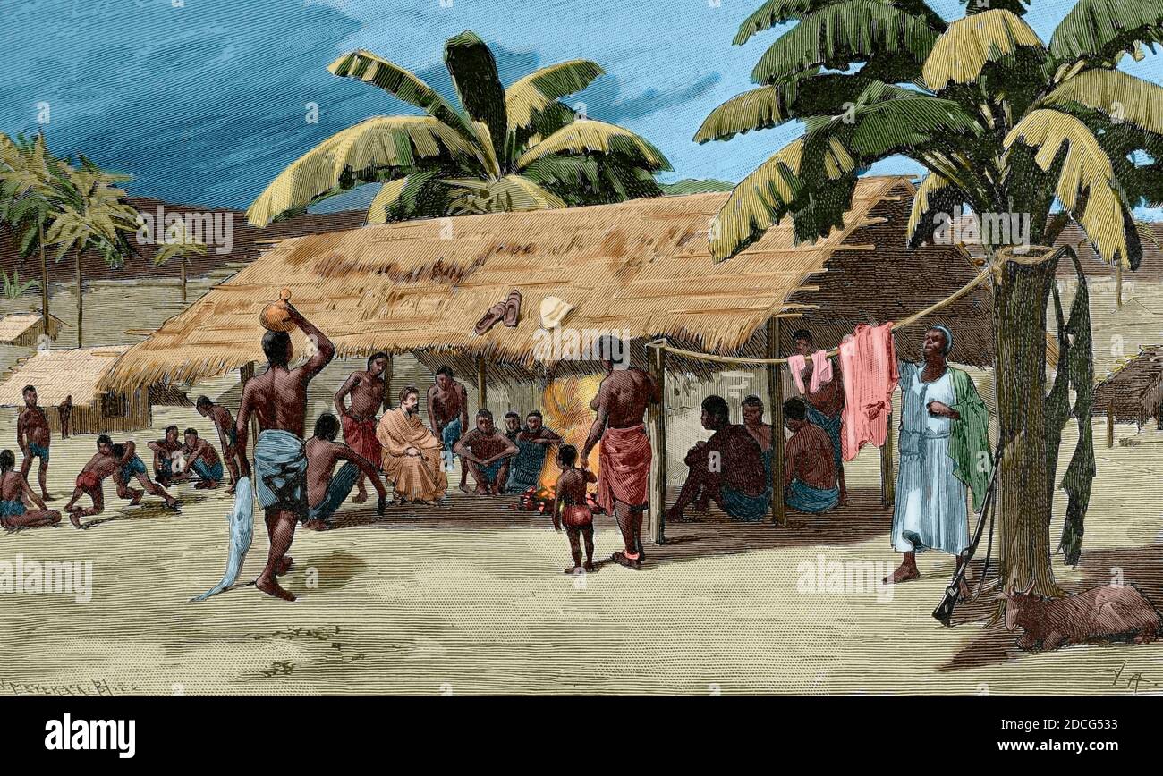 A village in Equatorial Africa. Engraving. Africa inexplorada, el Continente Misterioso by Henry Morton Stanley, c. 1887. Later colouration. Stock Photo