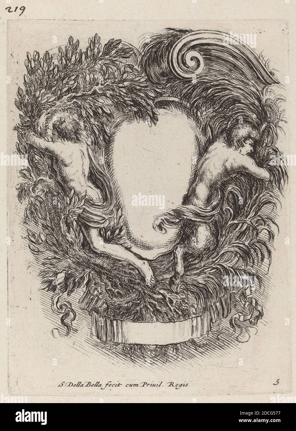 Stefano Della Bella, (artist), Florentine, 1610 - 1664, Cartouche with Apollo and Pan, Nouvelles inventions de Cartouches, (series), 1647, etching Stock Photo
