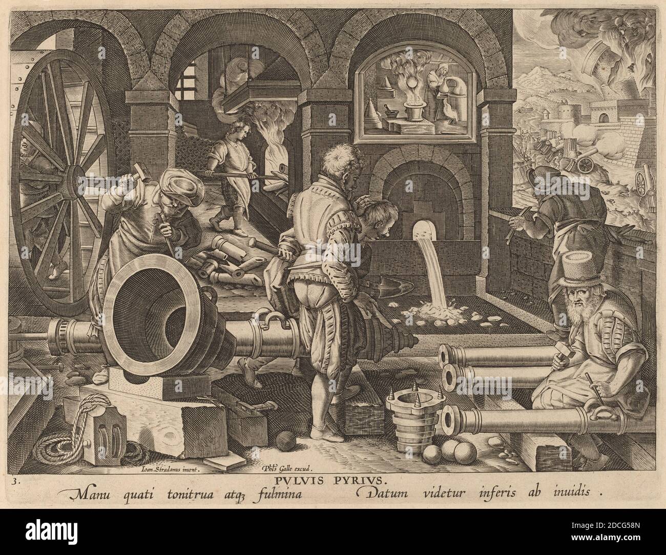 Theodor Galle, (artist), Flemish, c. 1571 - 1633, Jan van der Straet, (artist after), Flemish, 1523 - 1605, Casting of Cannons: pl.3, New Discoveries, (series), c. 1580/1590, engraving Stock Photo