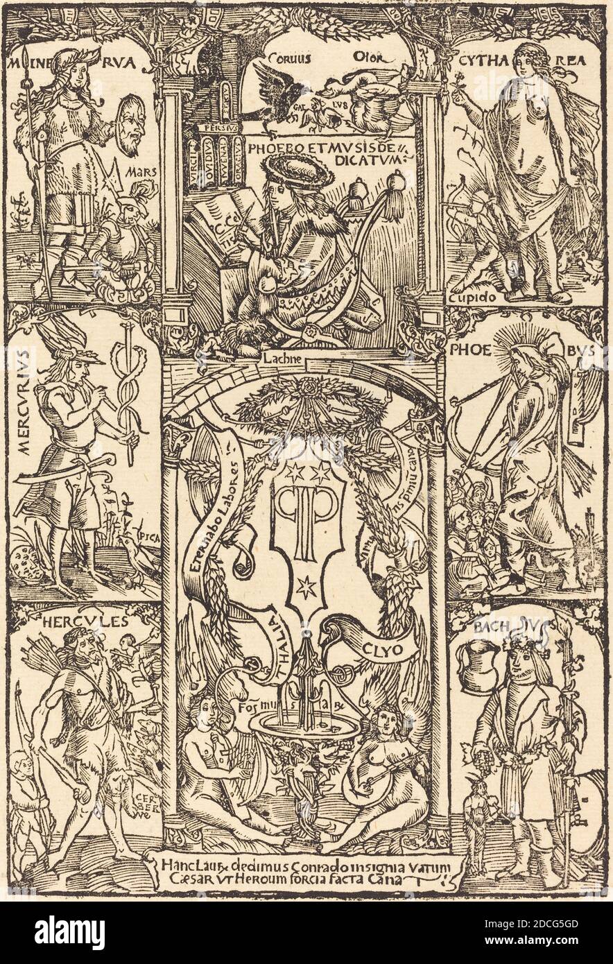 Hans Süss von Kulmbach, (artist), German, c. 1485 - 1522, Celtes Surrounded by Greek and Roman Gods, Conrad Celtis, 'Quarter Libri Amorum', (series), published 1502, woodcut Stock Photo