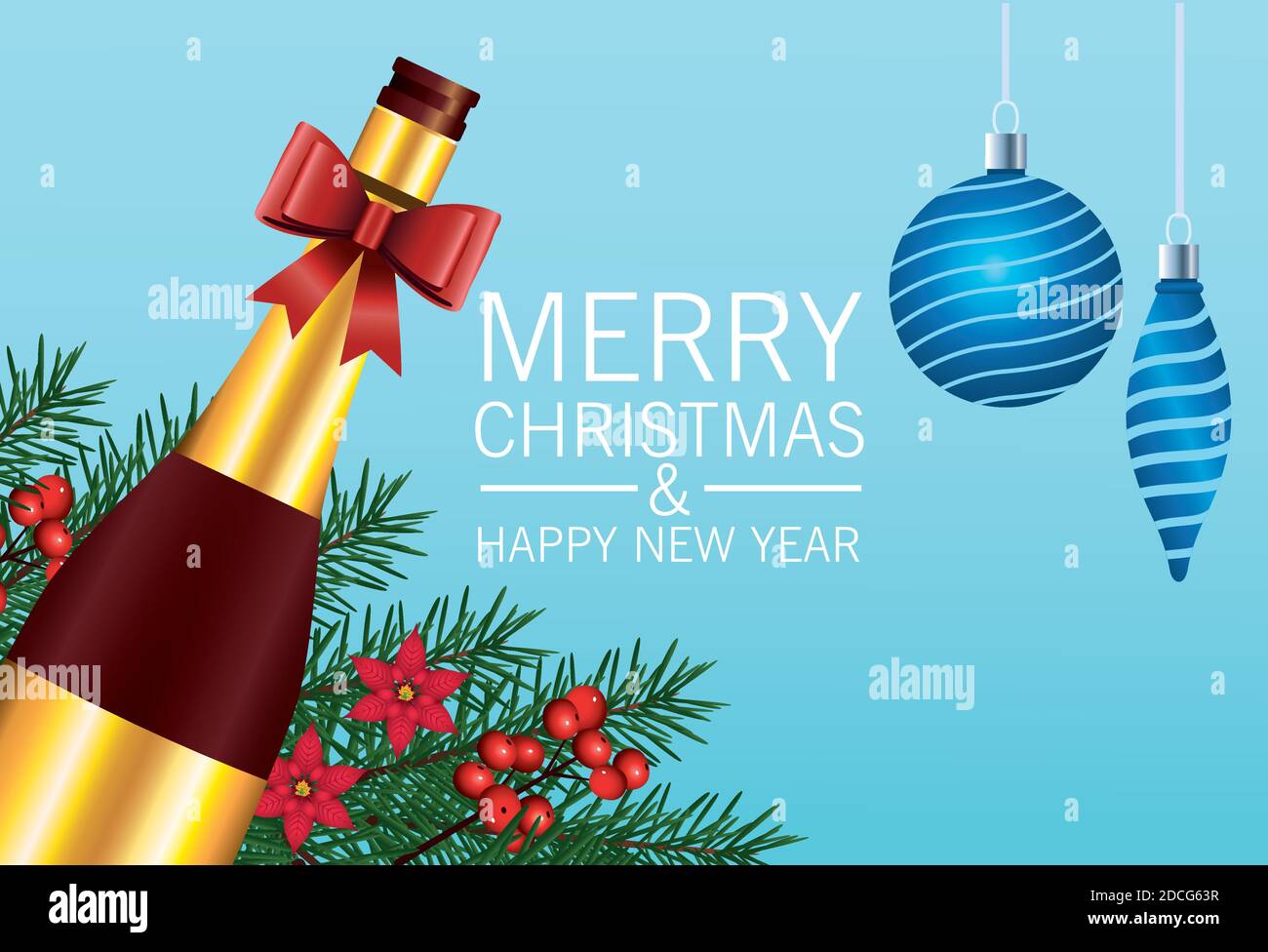 happy merry christmas lettering card with balls hanging and champagne ...