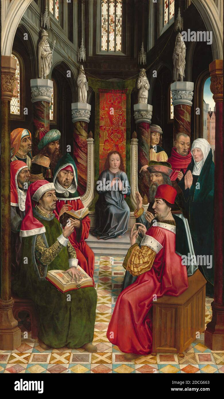 Master of the Catholic Kings, (artist), Spanish, active c. 1485/1500, Christ among the Doctors, c. 1495/1497, oil on panel, overall (original painted surface): 136.2 x 93 cm (53 5/8 x 36 5/8 in.), overall (with addition at bottom): 155.2 x 93 cm (61 1/8 x 36 5/8 in.), framed: 183.5 x 128.9 x 12.1 cm (72 1/4 x 50 3/4 x 4 3/4 in Stock Photo