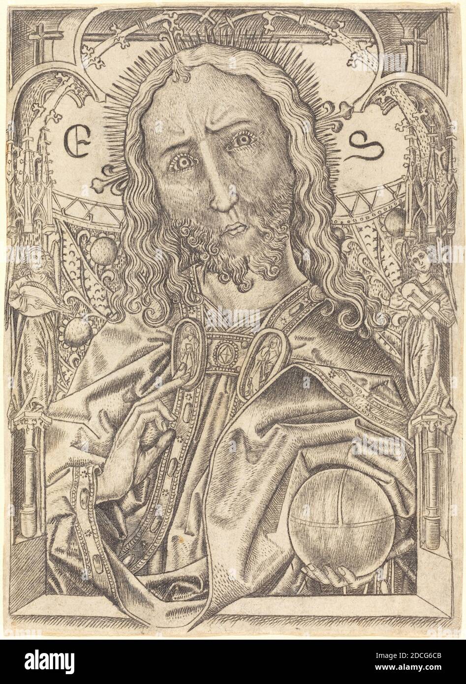 Master E.S., (artist), German, active c. 1450 - active 1467, Israhel van Meckenem, (artist), German, c. 1445 - 1503, Christ as Saviour, c. 1467, engraving Stock Photo