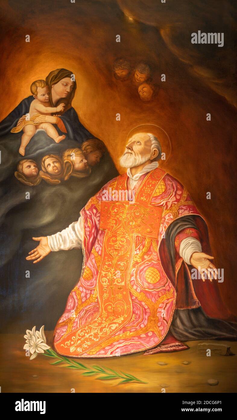 VIENNA, AUSTIRA - OCTOBER 22, 2020: Paint of vision of St. Philip Neri the church Rochuskirche by Hermann Hutterer (copy of Guido Reni). Stock Photo
