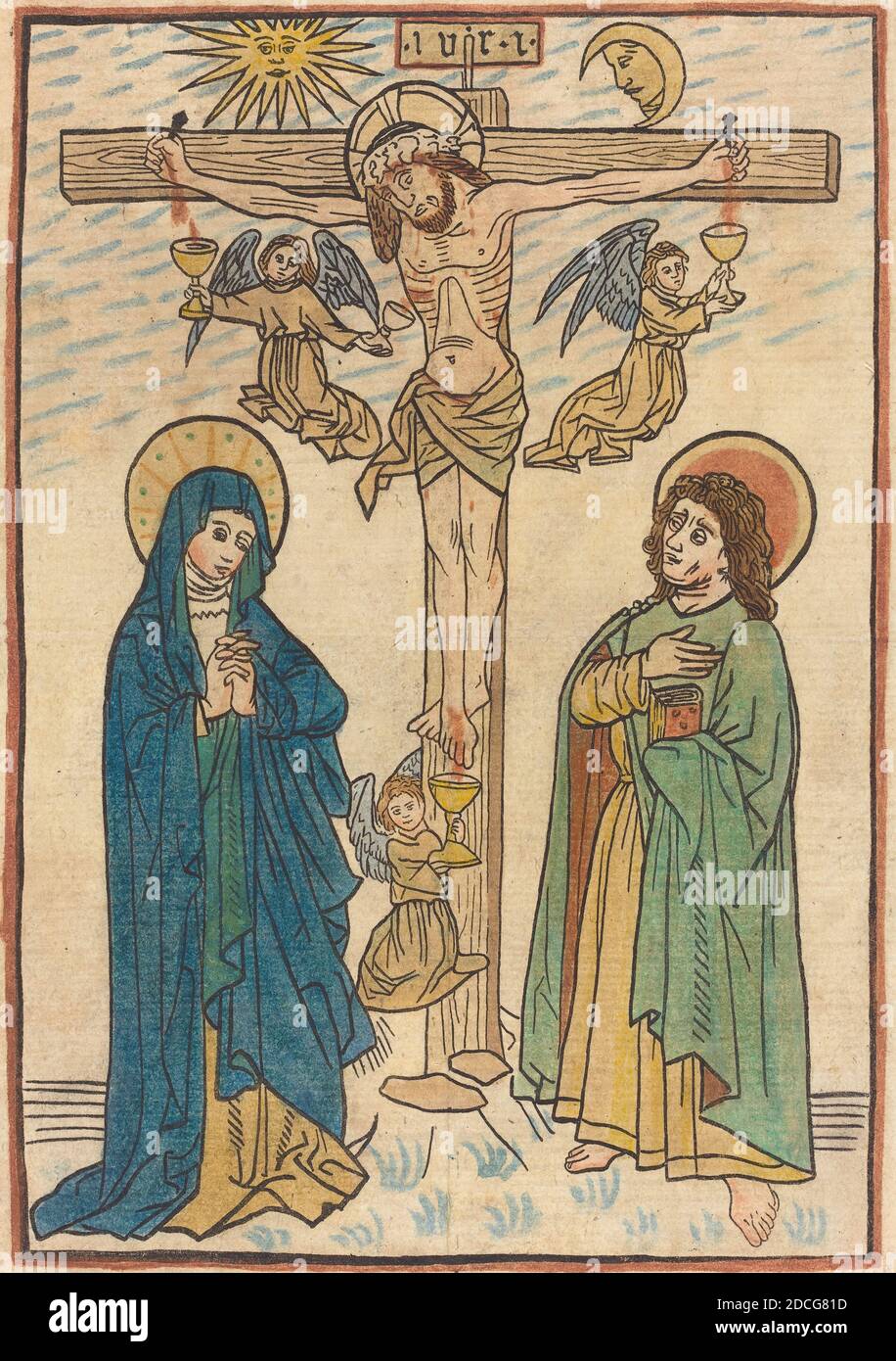 German 19th Century, (artist), German 15th Century, (artist after), Christ on the Cross with Angels, 19th century, woodcut, hand-colored in blue, green, tan, brown, yellow, carmine, and gray-blue Stock Photo