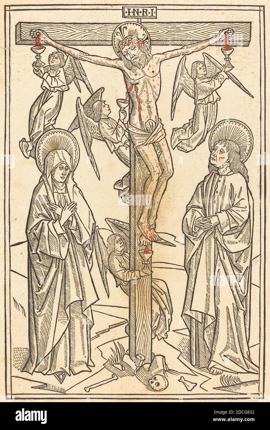 German 15th Century, (artist), Christ on the Cross with Angels, 1481, woodcut, faintly touched in red Stock Photo