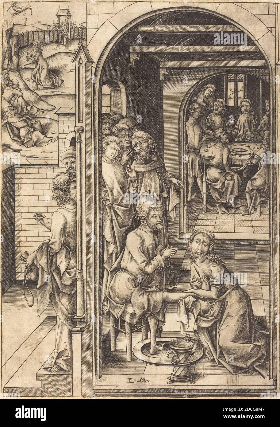 Israhel van Meckenem, (artist), German, c. 1445 - 1503, Christ Washing the Feet of the Apostles, Twelve Scenes of the Pasion, (series), c. 1480, engraving, sheet (trimmed to plate mark): 21.3 x 15 cm (8 3/8 x 5 7/8 in Stock Photo