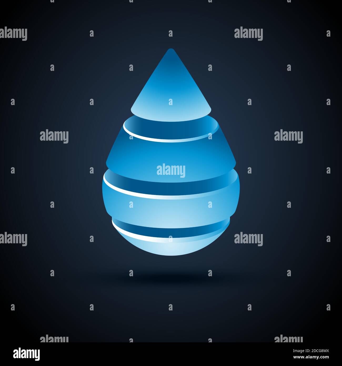 Vector abstract blue water drop logo design with shadow on dark background. Stock Vector