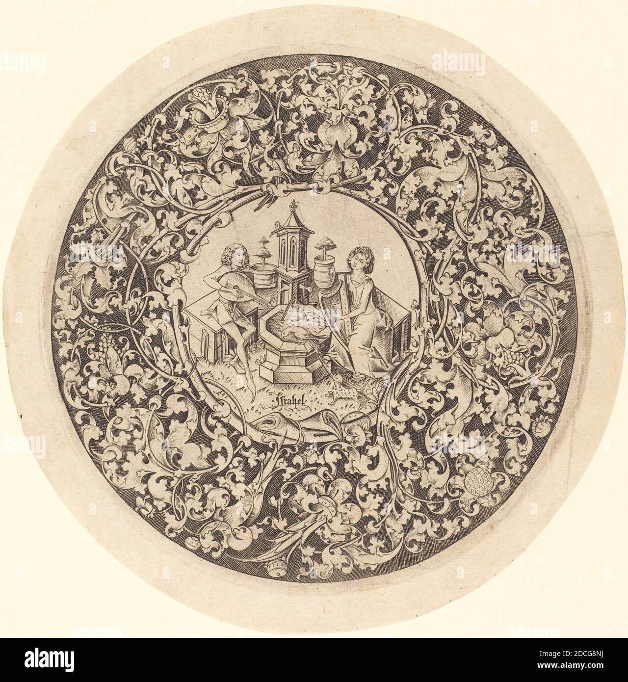 Israhel van Meckenem, (artist), German, c. 1445 - 1503, Circular Ornament with Musicians Playing near a Well, Scenes of Daily Life, (series), c. 1495/1503, engraving Stock Photo