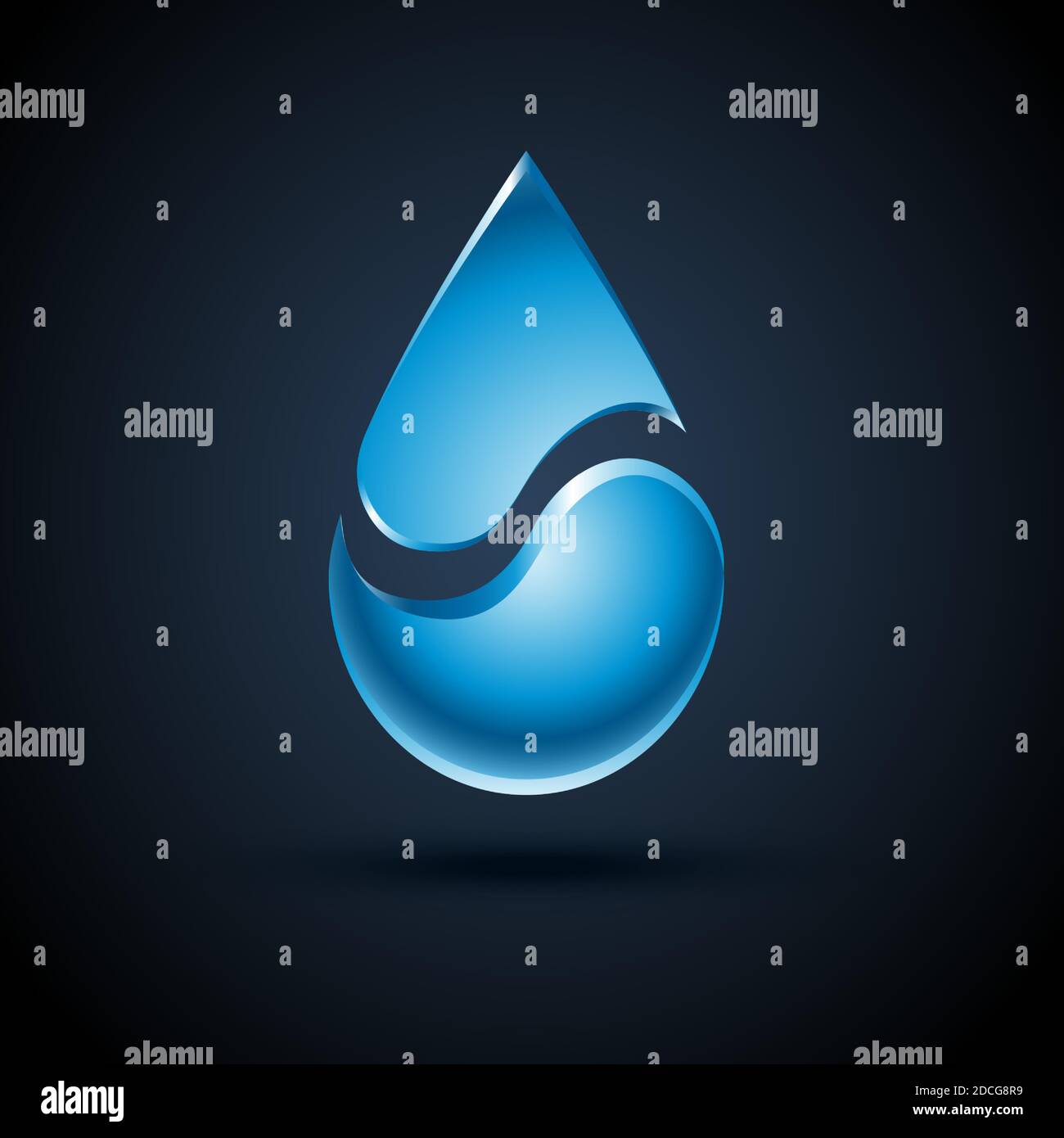 Vector abstract blue water drop logo design with shadow on dark background. Stock Vector