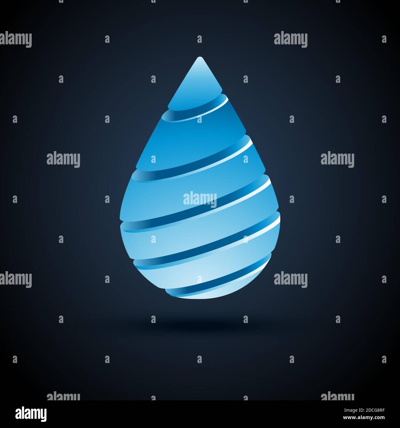 Vector abstract blue water drop logo design with shadow on dark background. Stock Vector