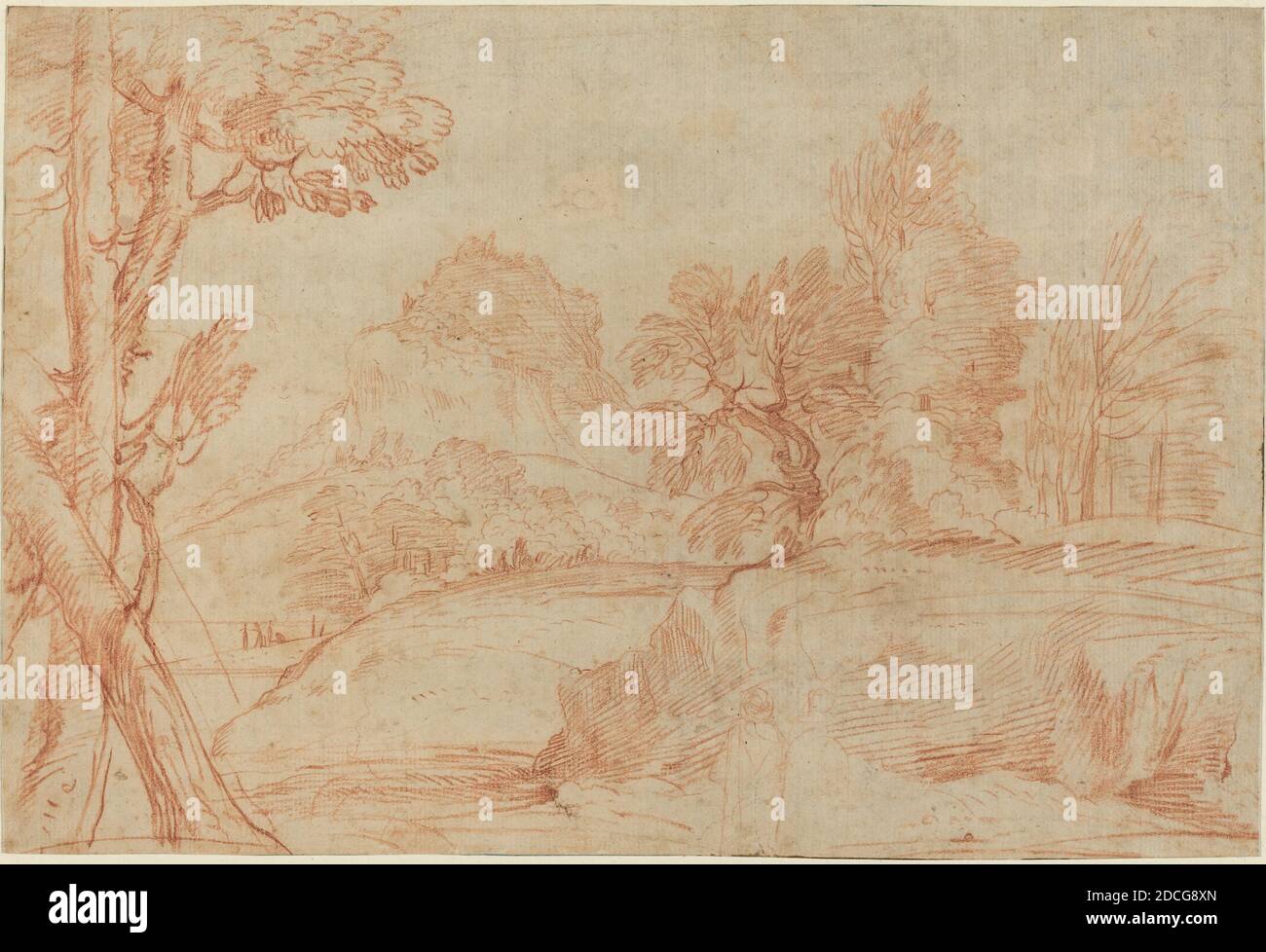 Giovanni Angelo Canini, (artist), Roman, 1609 - 1666, Classical Landscape, red chalk on laid paper, Overall (approximate): 24.4 x 36 cm (9 5/8 x 14 3/16 in.), support: 35.3 x 47.2 cm (13 7/8 x 18 9/16 in Stock Photo