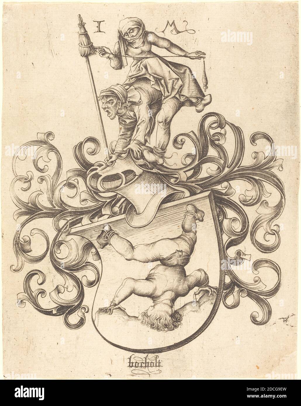 Israhel van Meckenem, (artist), German, c. 1445 - 1503, Master of the Housebook, (artist after), German, active c. 1470 - 1500, Coat of Arms with Tumbling Boy, c. 1480/1490, engraving Stock Photo