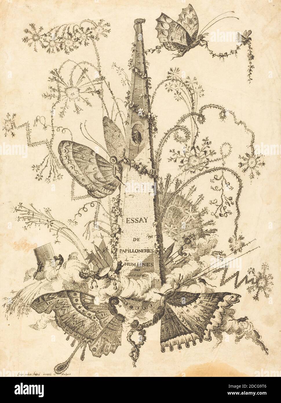 Charles Germain de Saint-Aubin, (artist), French, 1721 - 1786, Titre, Essai de Papilloneries Humaines, (series), in or after 1756, etching, sheet (trimmed irregularly to and within plate mark): 32.2 x 24.5 cm (12 11/16 x 9 5/8 in Stock Photo
