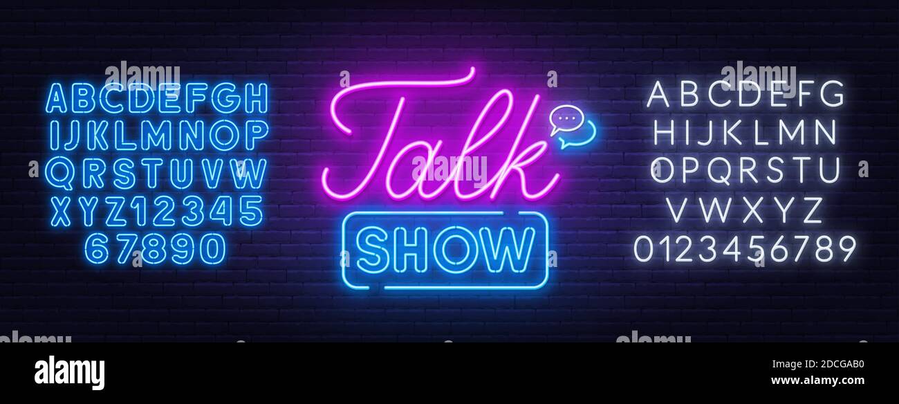 Talk show neon sign on brick wall background. Stock Vector
