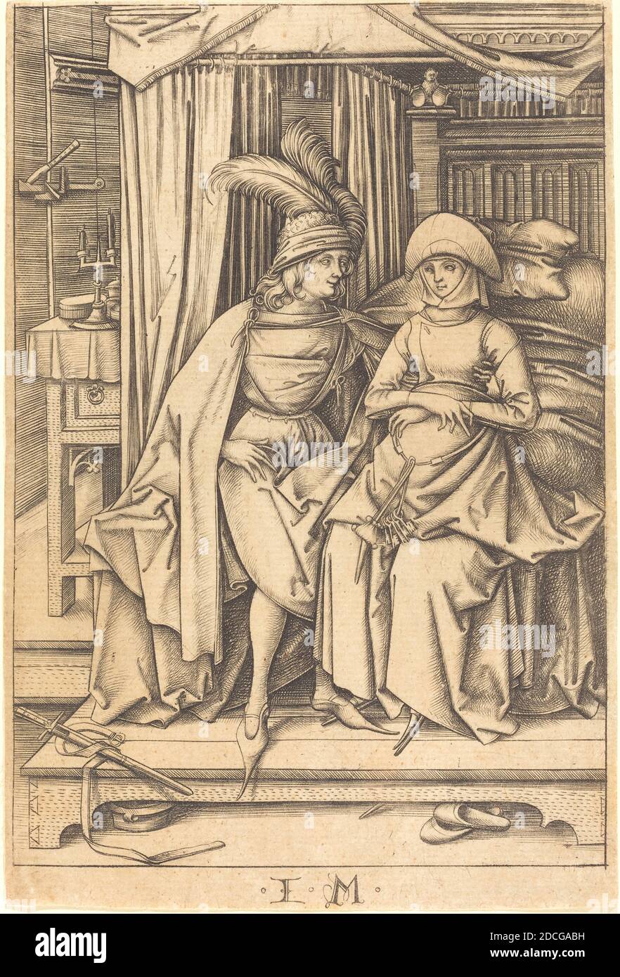 Israhel van Meckenem, (artist), German, c. 1445 - 1503, Couple Seated on a Bed, Scenes of Daily Life, (series), c. 1495/1503, engraving Stock Photo