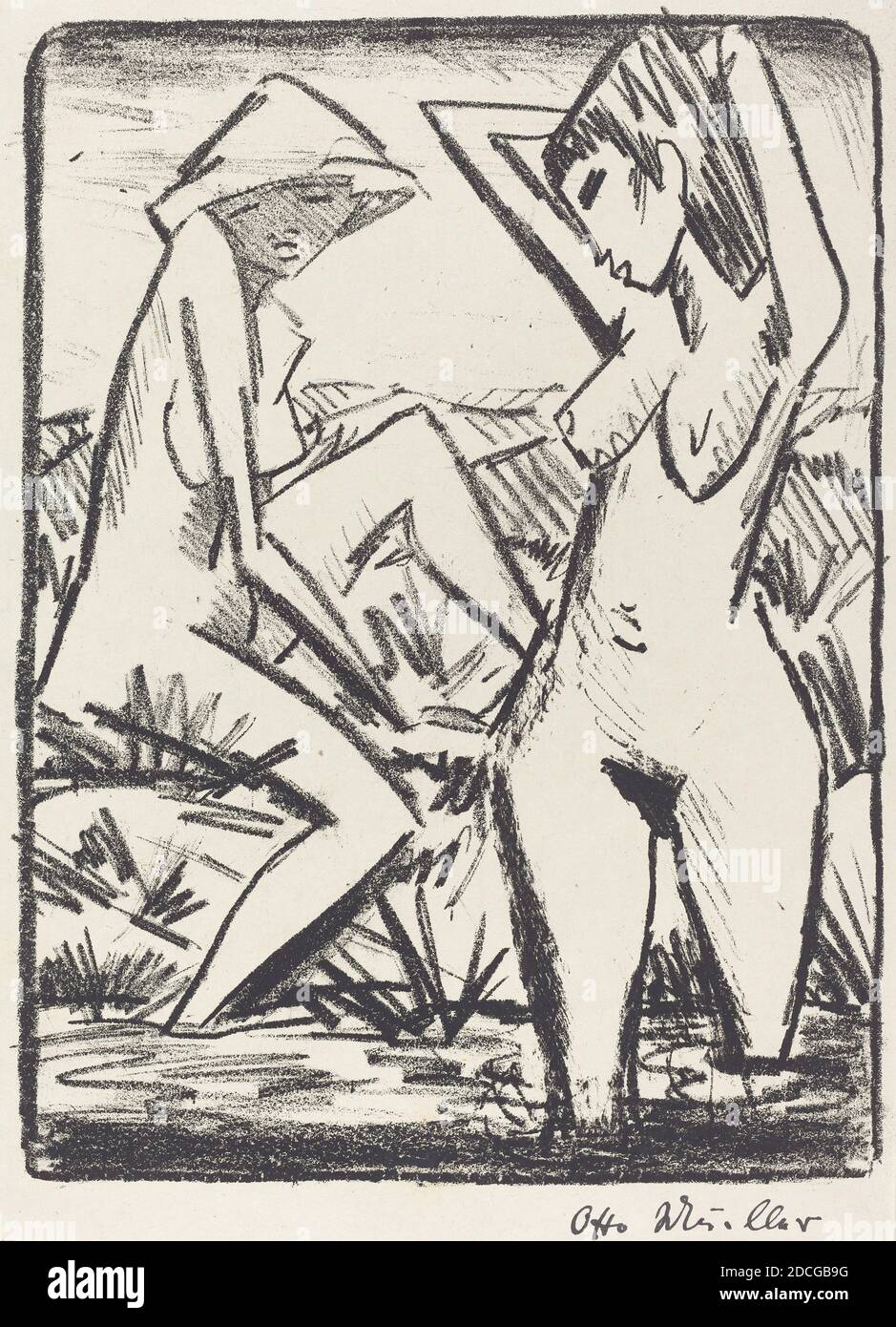 Otto Müller, (artist), German, 1874 - 1930, Standing Girl in Water and the Other Sitting on Shore (Im Wasser stehendes und am Ufer sitzendes Madchen mit Hut), 1921/1922, lithograph Stock Photo
