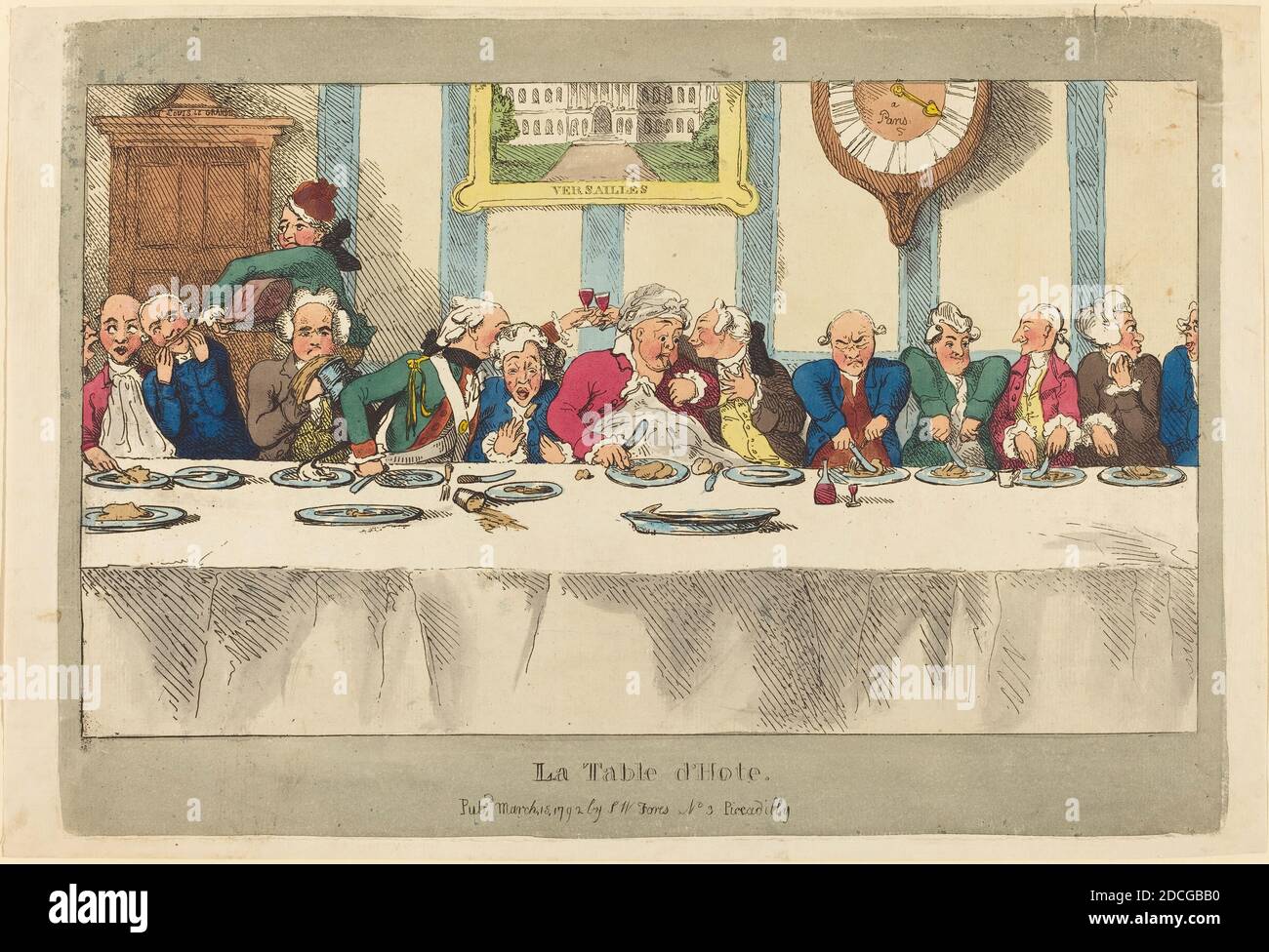 Thomas Rowlandson, (artist), British, 1756 - 1827, La Table d'Hote, published 1792, hand-colored etching Stock Photo