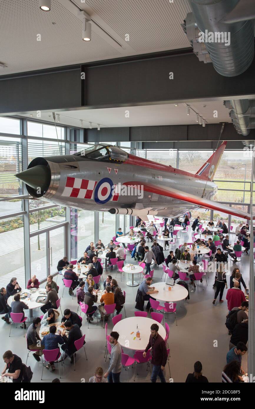 United Kingdom /Wiltshire/ Malmesbury/Dyson /English Electric Lightning supersonic fighter from 1959 mounted on the ceiling of  the campus cafeteria. Stock Photo