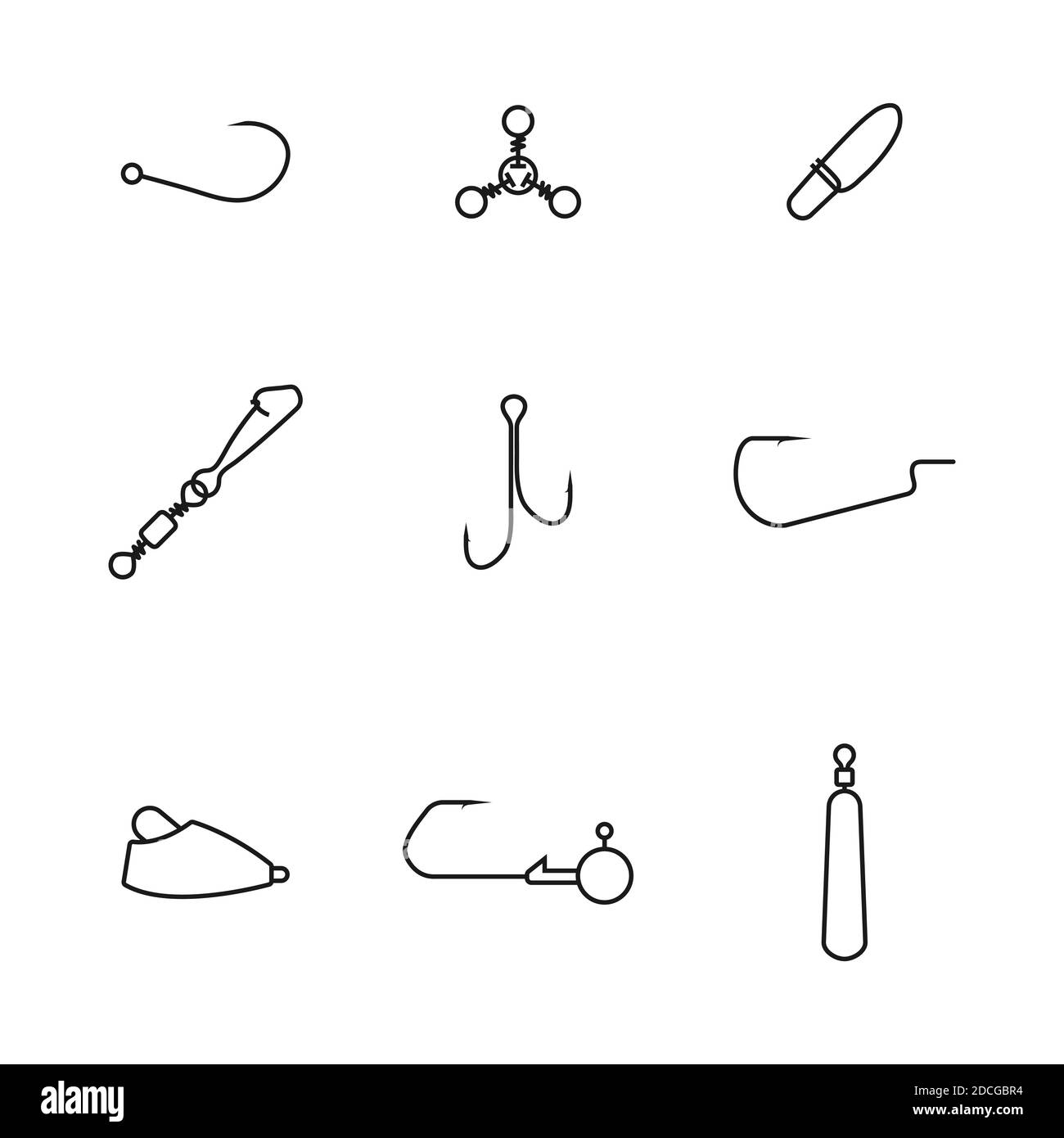 Set of spinning fishing accessories and tackles from thin lines. Various jig heads, lead sinkers, hooks, snaps hooked and swivels, vector illustration Stock Vector