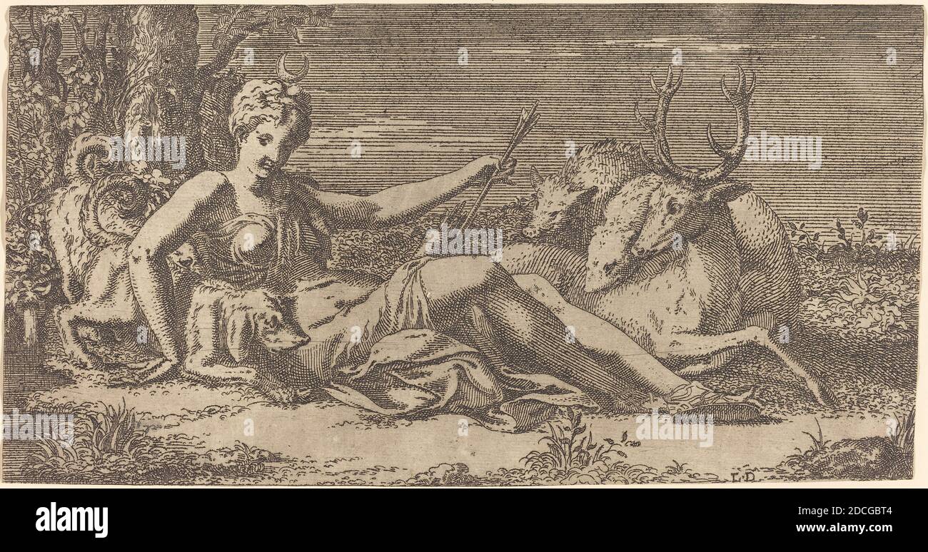 Léon Davent, (artist), French, active 1540 - 1556, Francesco Primaticcio, (artist after), Italian, 1504 - 1570, Diana Resting, etching Stock Photo