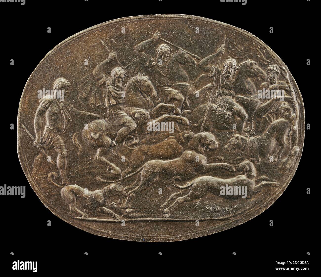 Giovanni Bernardi, (sculptor), Bolognese, 1494 - 1553, A Panther Hunt, lead/Very dark brown patina, overall (oval): 6.6 x 8.3 cm (2 5/8 x 3 1/4 in.) gross weight: 37 gr Stock Photo