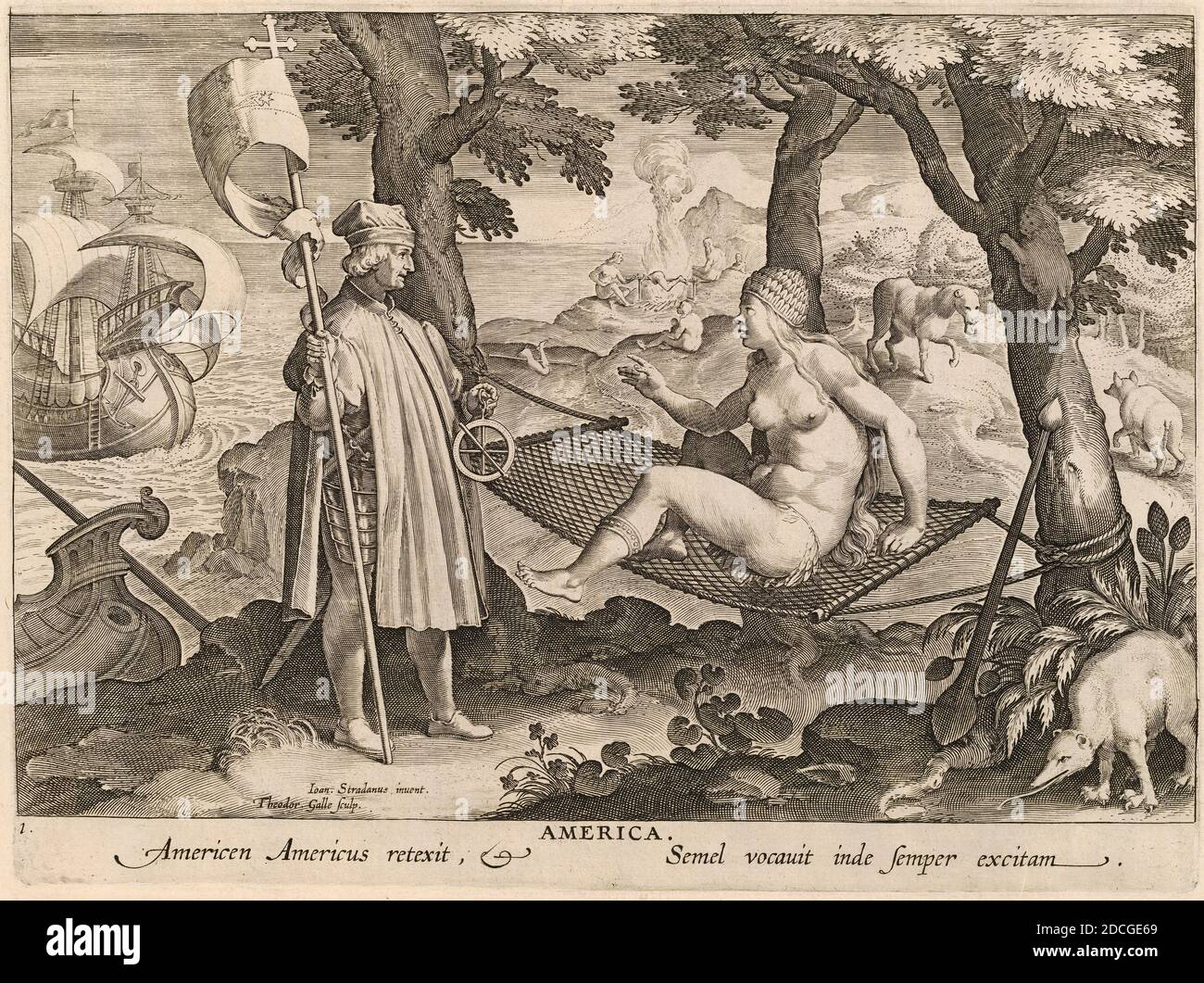 Theodor Galle, (artist), Flemish, c. 1571 - 1633, Jan van der Straet, (artist after), Flemish, 1523 - 1605, America: pl.1, New Discoveries, (series), c. 1580/1590, engraving Stock Photo