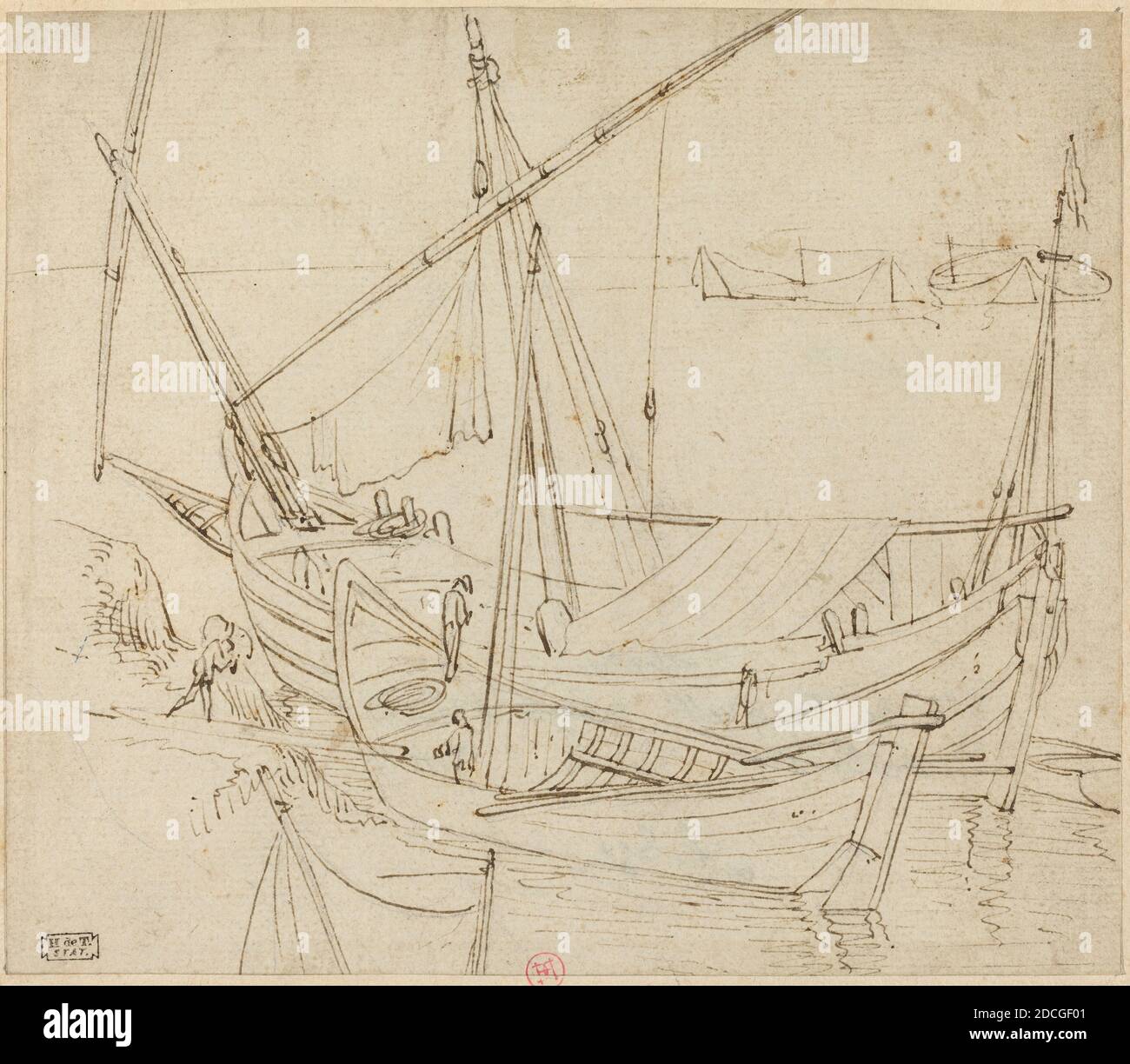Anonymous Artist, (artist), Agostino Tassi, (related artist), Italian, 1565 - 1644, Boats, pen an brown ink on laid paper, Overall (approximate): 15.4 x 17.7 cm (6 1/16 x 6 15/16 in.), support: 21.8 x 20.5 cm (8 9/16 x 8 1/16 in Stock Photo