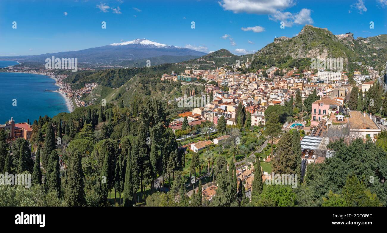 Taormina and Mt. Etna volcano in the bacground - Sicily. Stock Photo
